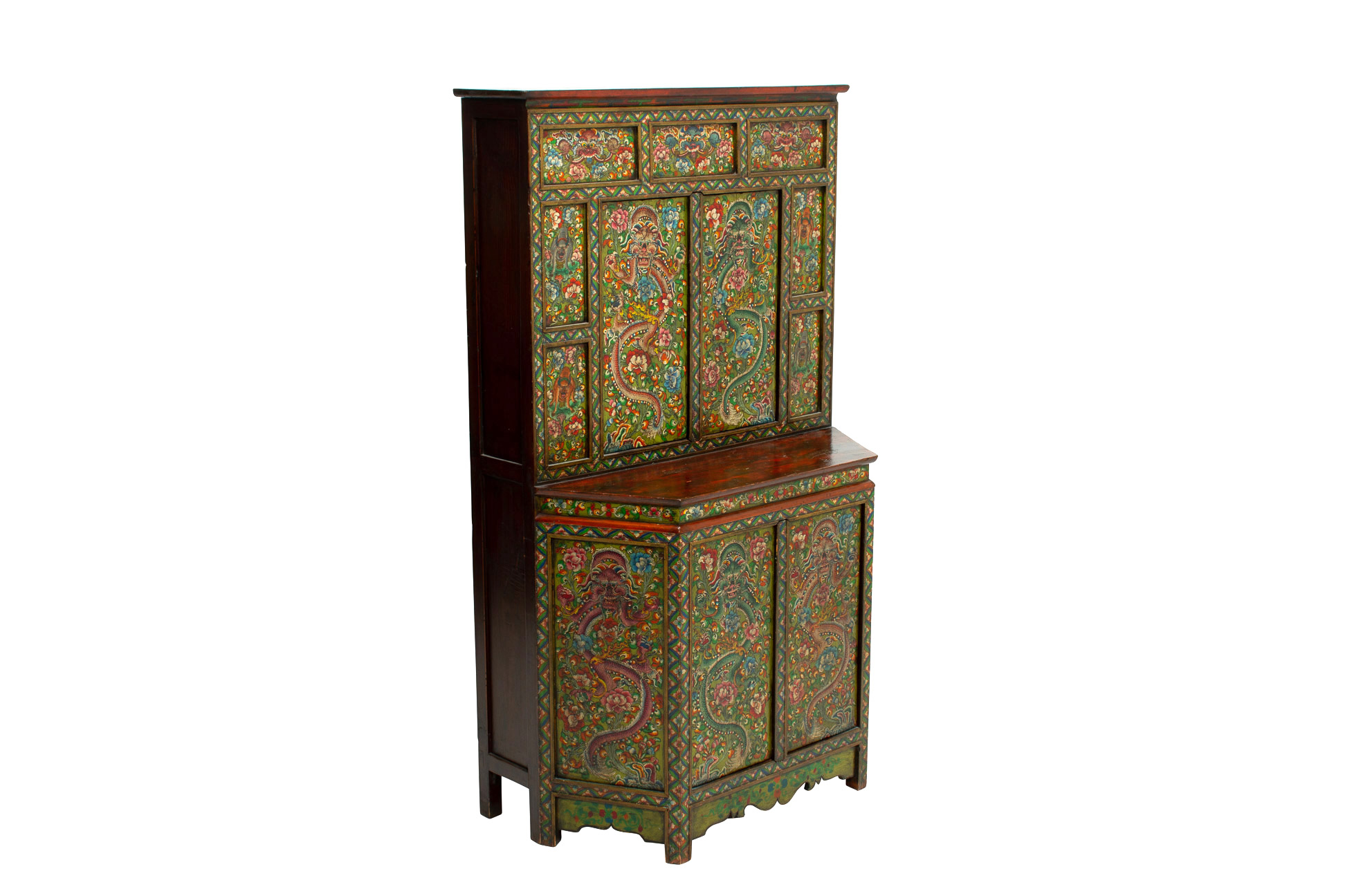 A TIBETAN POLYCHROME DECORATED CABINET