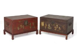 TWO SIMILAR CHINESE LACQUER TRUNKS ON STANDS