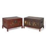 TWO SIMILAR CHINESE LACQUER TRUNKS ON STANDS