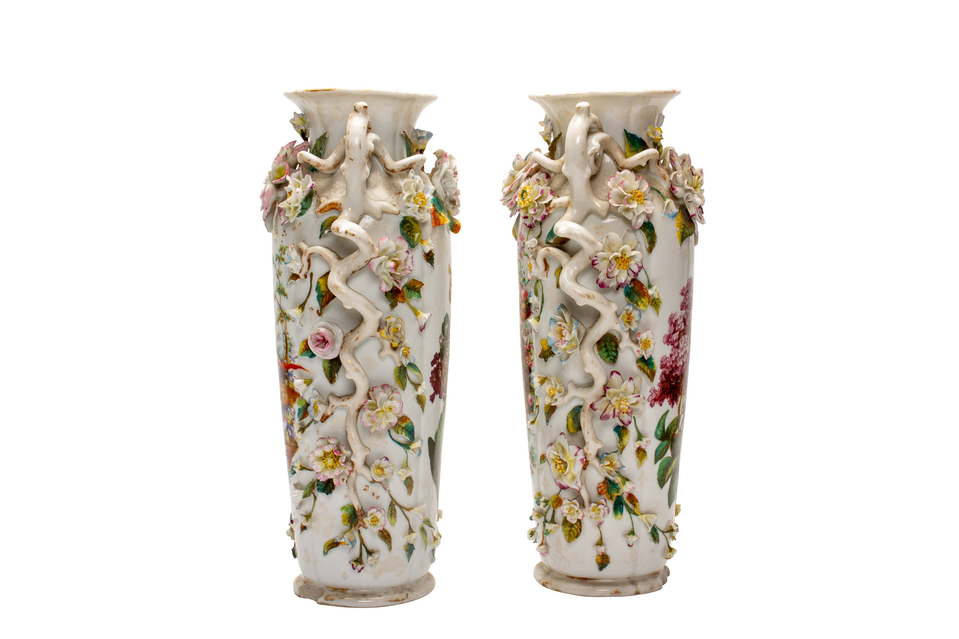 A PAIR OF LARGE EUROPEAN FLORAL ENCRUSTED PORCELAIN VASES - Image 2 of 2