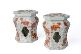 A PAIR OF HEXAGONAL PORCELAIN PLANT STANDS