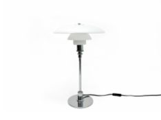 A LOUIS POULSON GLASS AND CHROME PLATED TABLE LAMP
