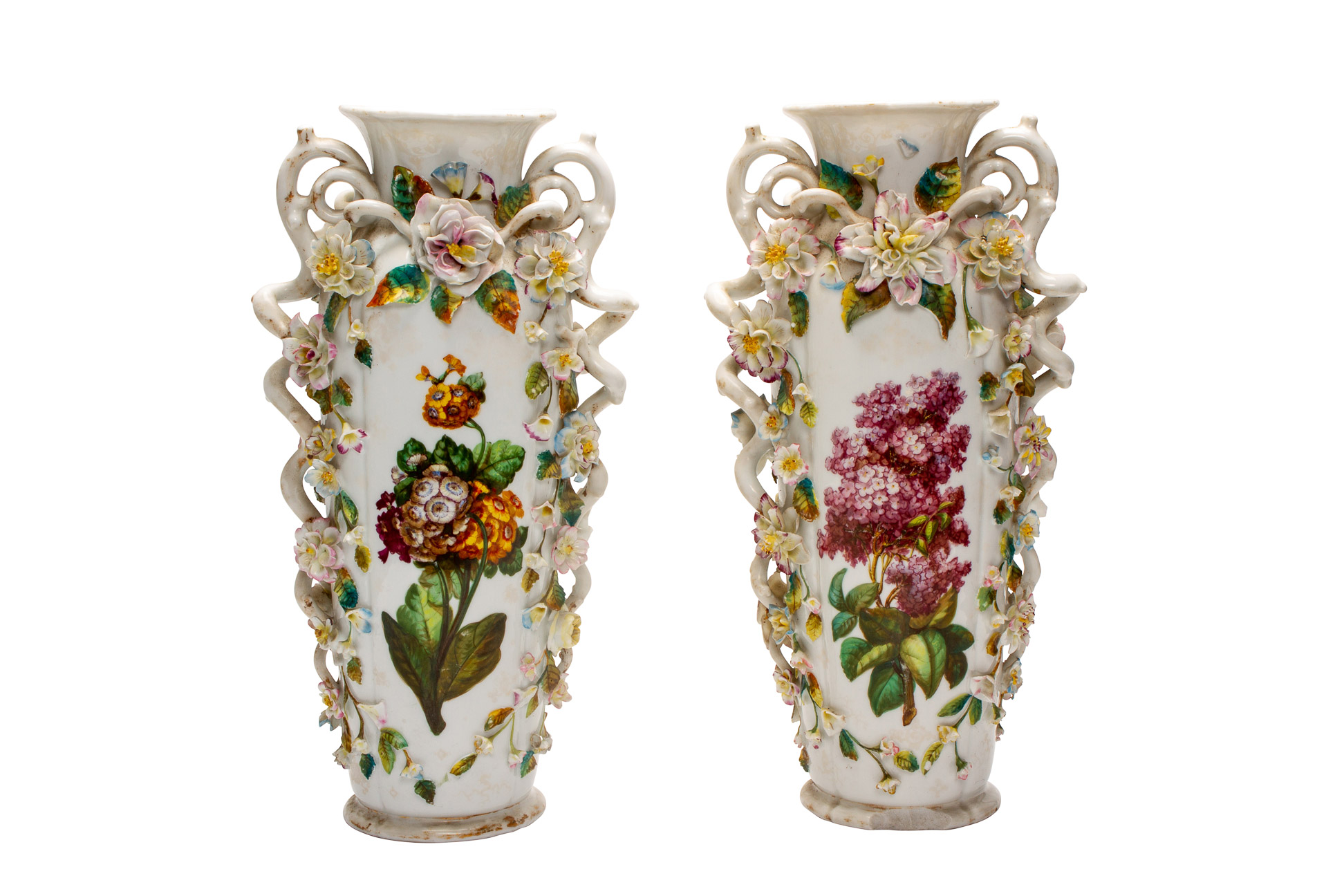 A PAIR OF LARGE EUROPEAN FLORAL ENCRUSTED PORCELAIN VASES