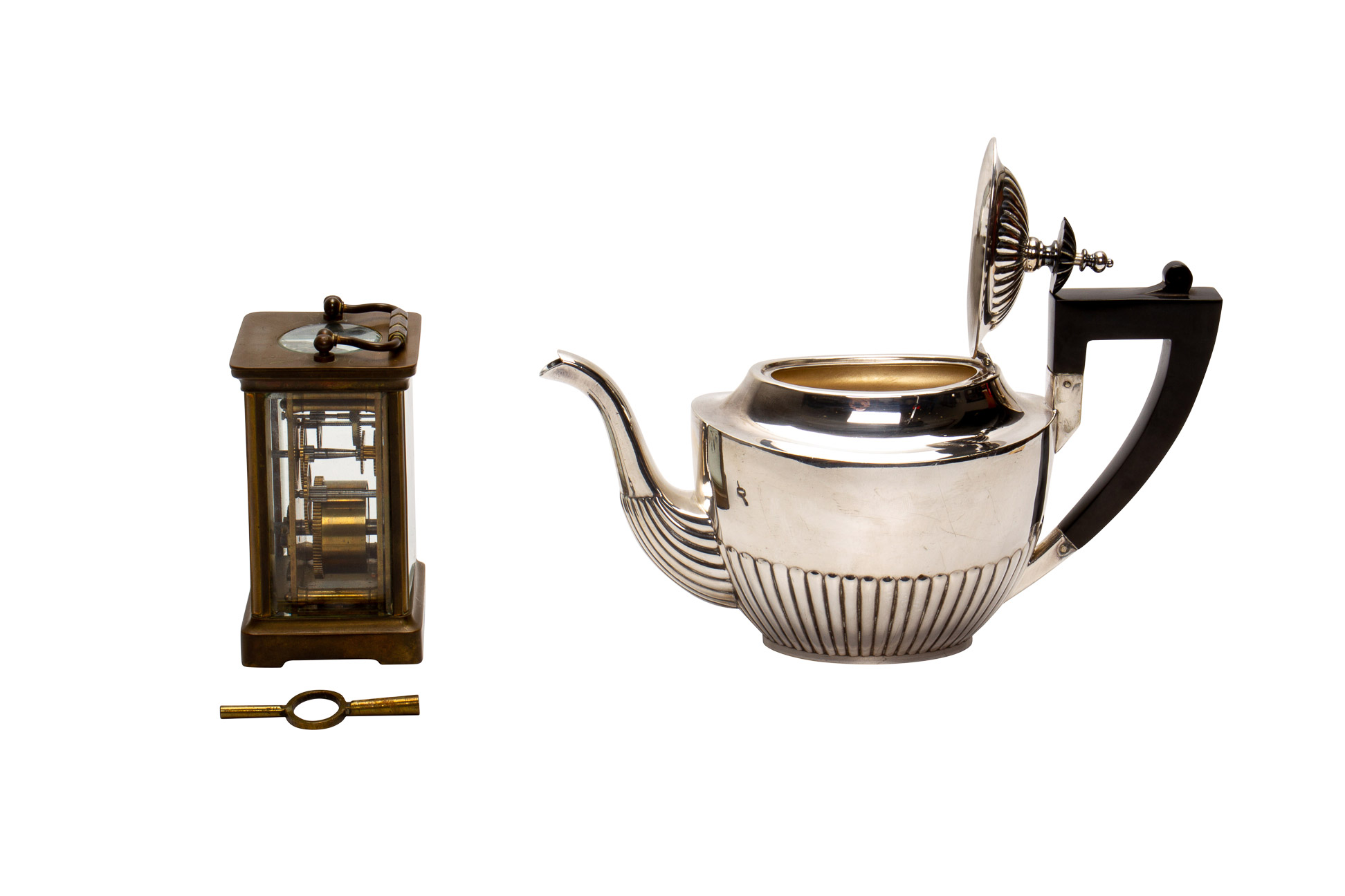 A BRASS FIVE GLASS CARRIAGE CLOCK AND A SILVER PLATED TEAPOT - Image 3 of 3