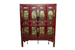 A CHINESE RED LACQUER ELM CABINET