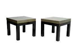 A PAIR OF SQUARE STONE TOPPED SIDE TABLES