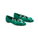 A PAIR OF SALVATORE FERRAGAMO GREEN CROCHET BALLET FLATS