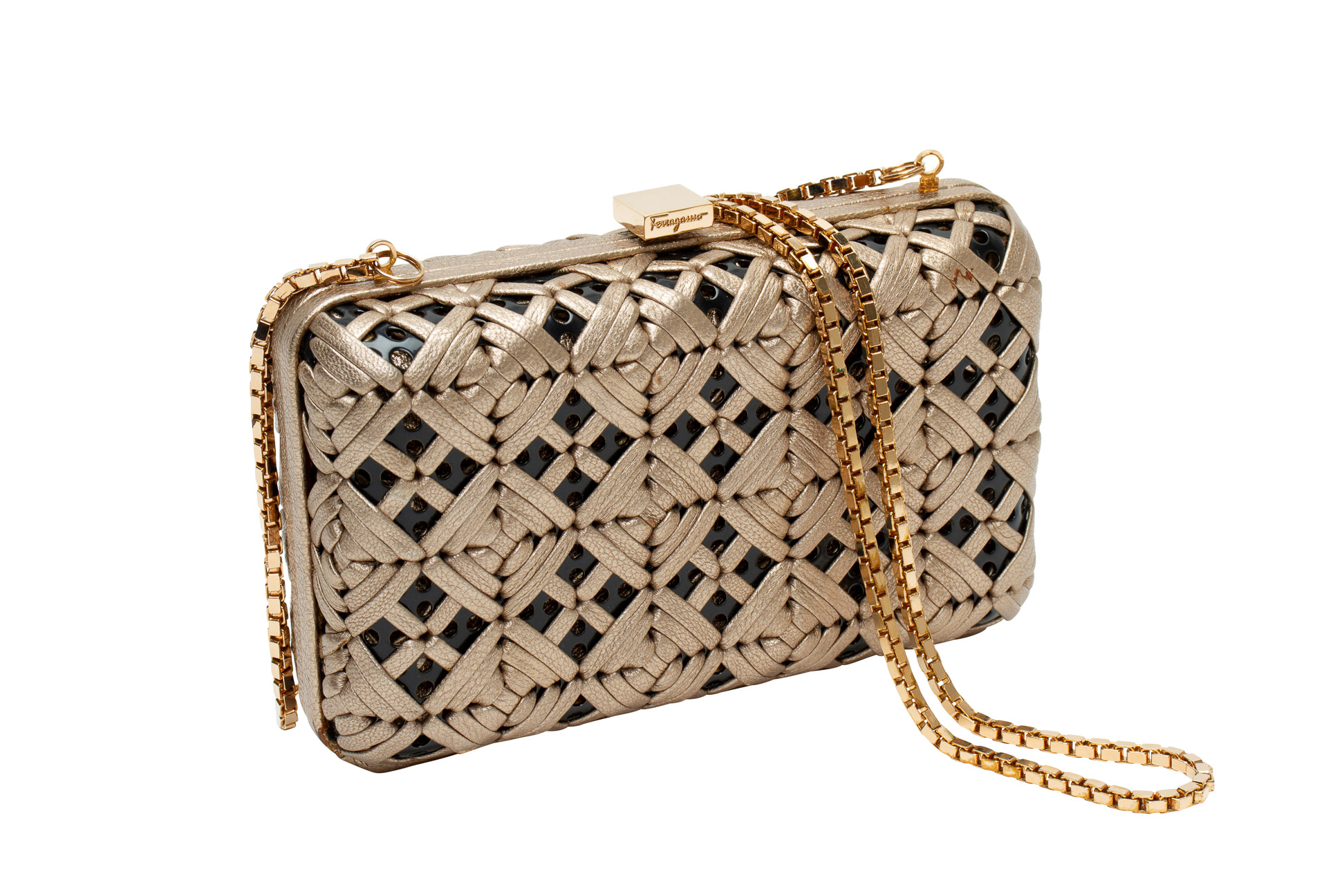 A SALVATORE FERRAGAMO WOVEN BRONZE LEATHER CLUTCH