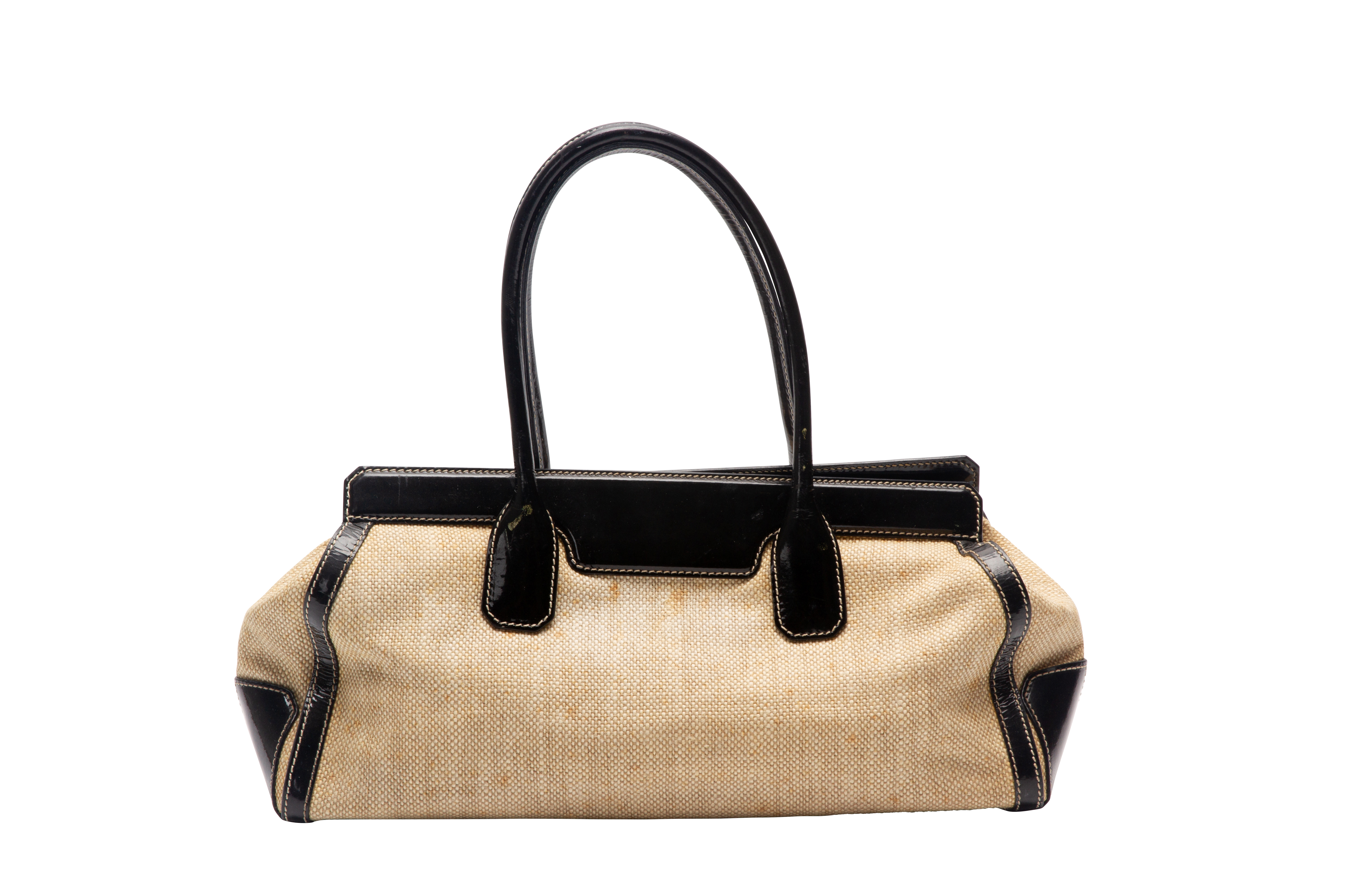 A TOD'S BLACK LEATHER & BEIGE CANVAS TOP HANDLE BAG - Image 3 of 3