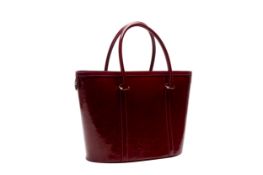 A CHRISTIAN DIOR BURGUNDY EMBOSSED PATENT LEATHER TOTE