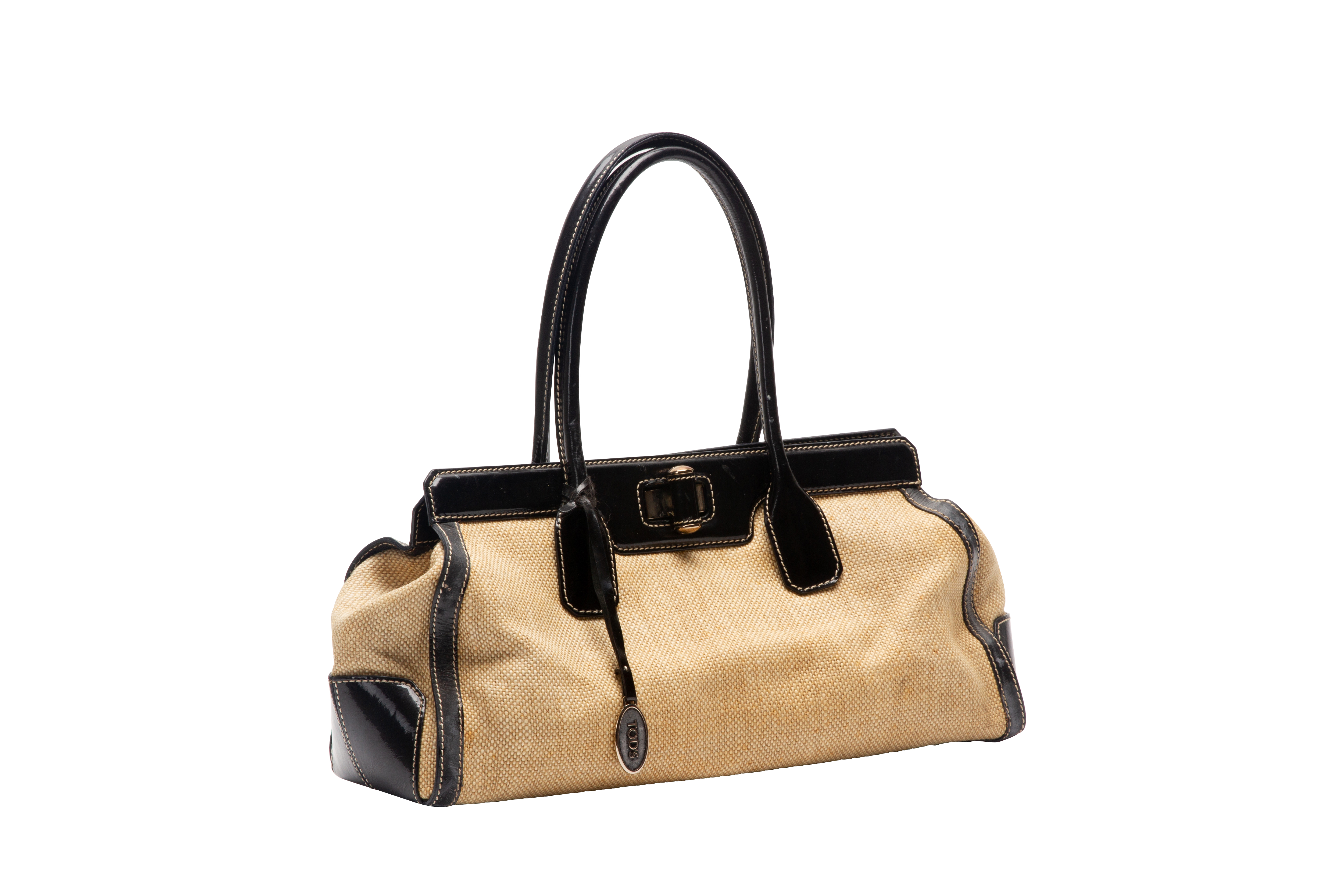 A TOD'S BLACK LEATHER & BEIGE CANVAS TOP HANDLE BAG