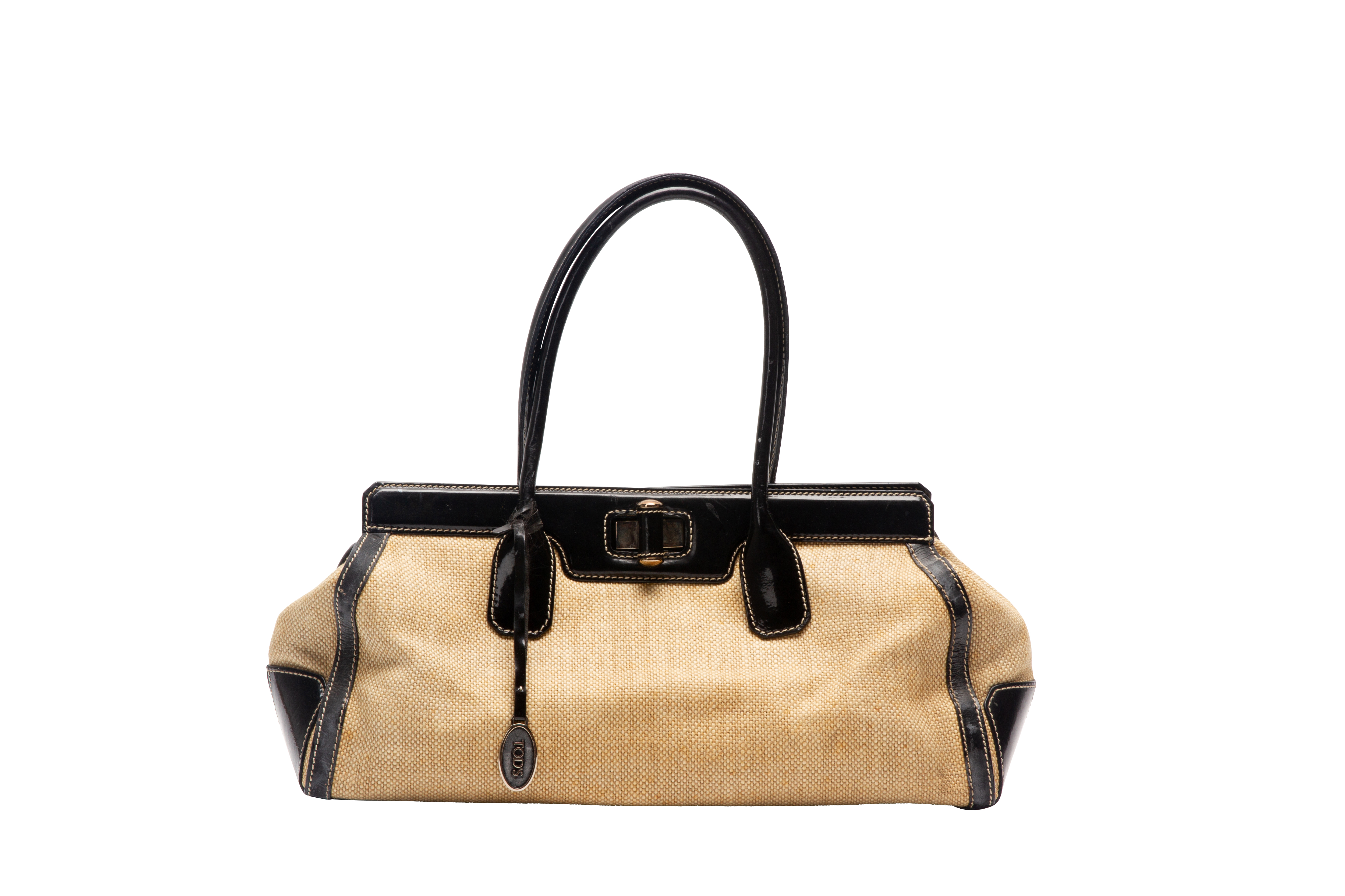 A TOD'S BLACK LEATHER & BEIGE CANVAS TOP HANDLE BAG - Image 2 of 3