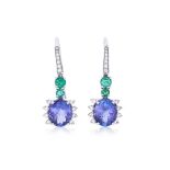 A PAIR OF TANZANITE, EMERALD AND DIAMOND DROP EARRINGS