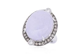 A LAVENDER JADE AND DIAMOND CLUSTER RING