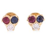 A PAIR OF DIAMOND, RUBY AND SAPPHIRE STUD EARRINGS