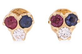 A PAIR OF DIAMOND, RUBY AND SAPPHIRE STUD EARRINGS