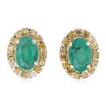 A PAIR OF EMERALD & YELLOW DIAMOND SCREW BACK EARRINGS