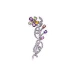 A MULTICOLOURED SAPPHIRE AND DIAMOND SPRAY BROOCH