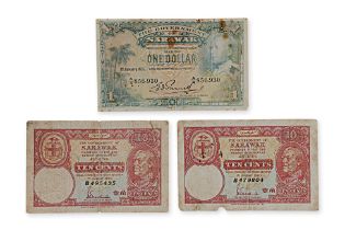 SARAWAK CHARLES BROOKE 1 DOLLAR 1935; 10 CENTS 1940 (3)