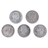 NETHERLANDS WILLEM III ASSORTED 2 1/2 GULDEN (5)