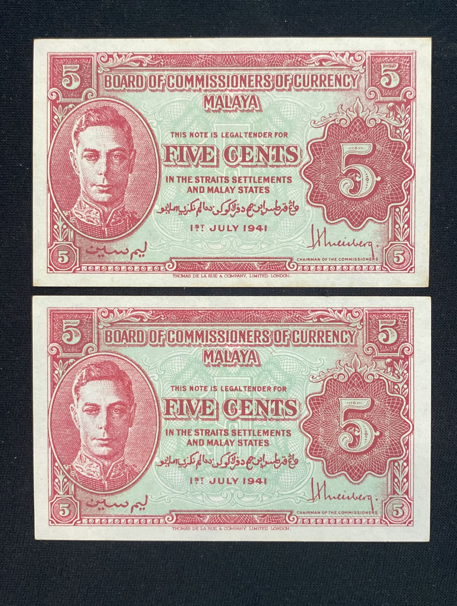 MALAYA GEORGE VI 1 DOLLAR; 5 CENTS 1941 (4) - Image 3 of 6