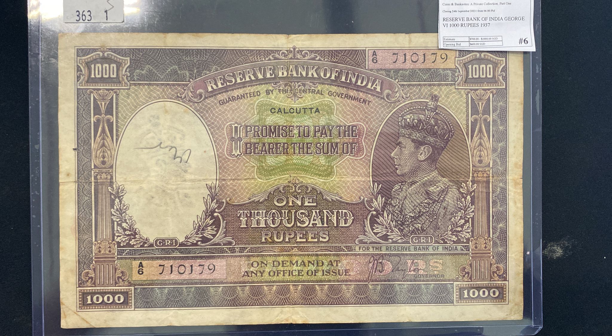 RESERVE BANK OF INDIA GEORGE VI 1000 RUPEES 1937 - Image 3 of 4