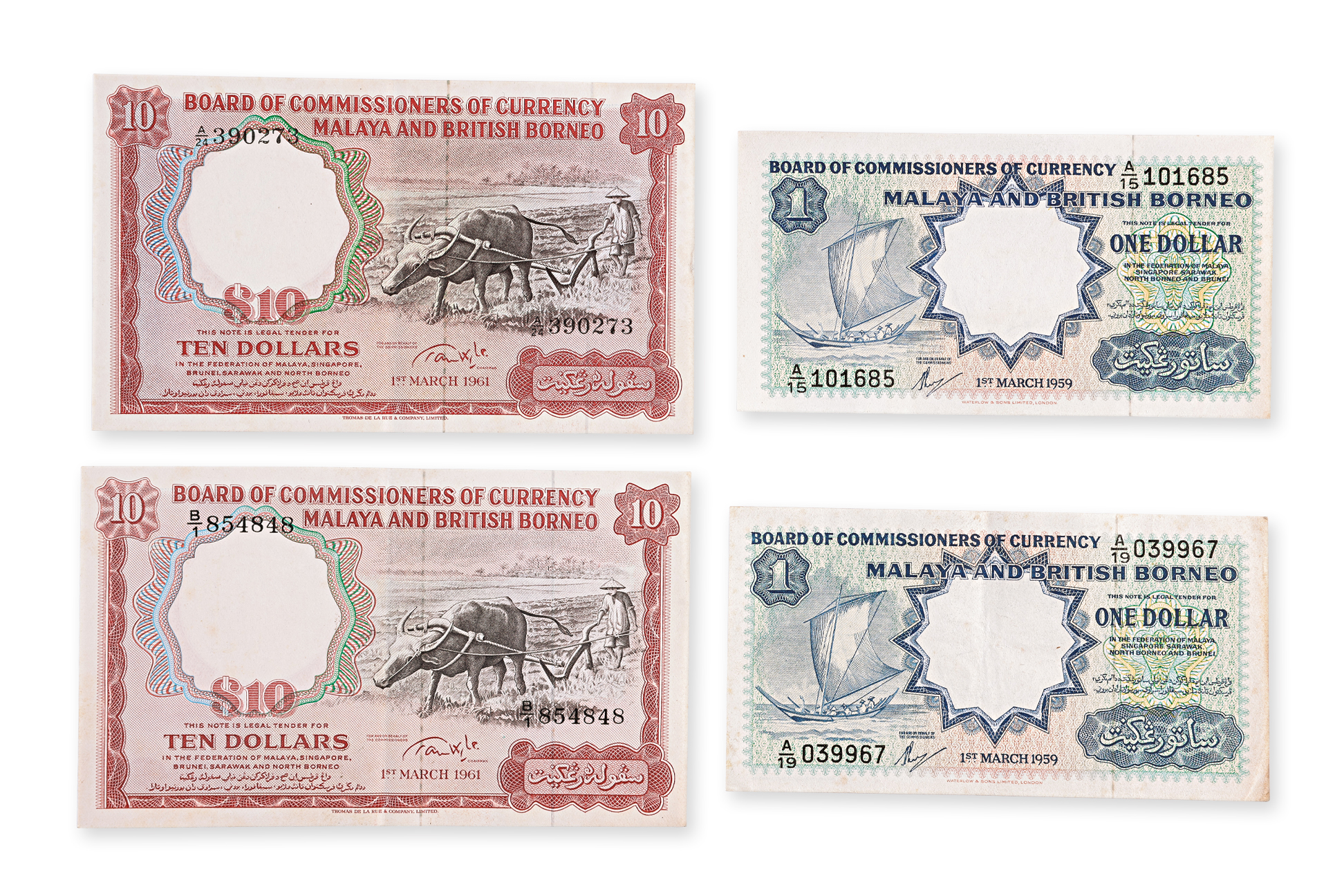 MALAYA & BRITISH BORNEO 1; 10 DOLLARS 1959, 1961 (4)
