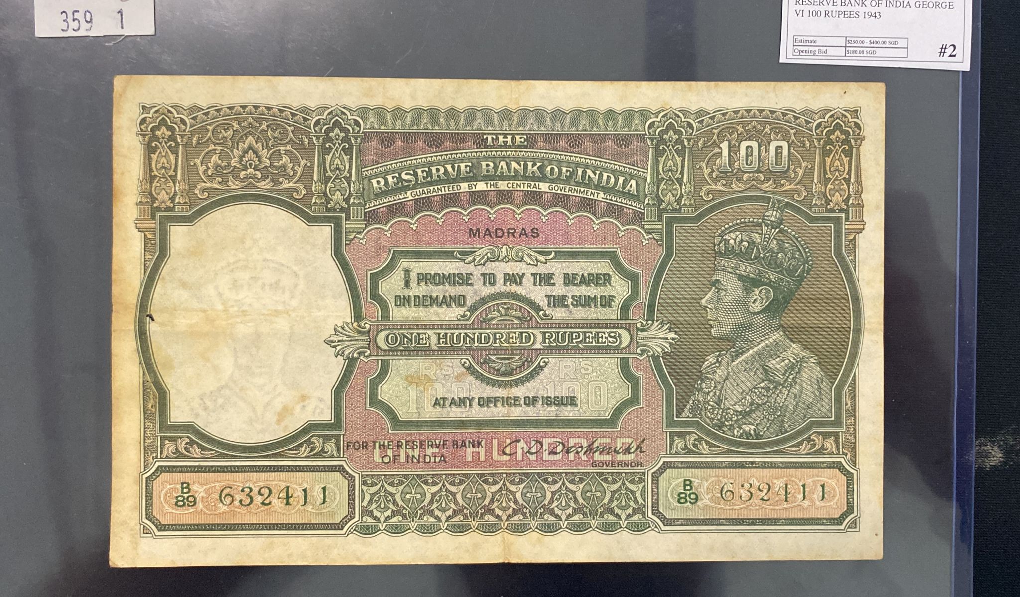 RESERVE BANK OF INDIA GEORGE VI 100 RUPEES 1943 - Image 3 of 4