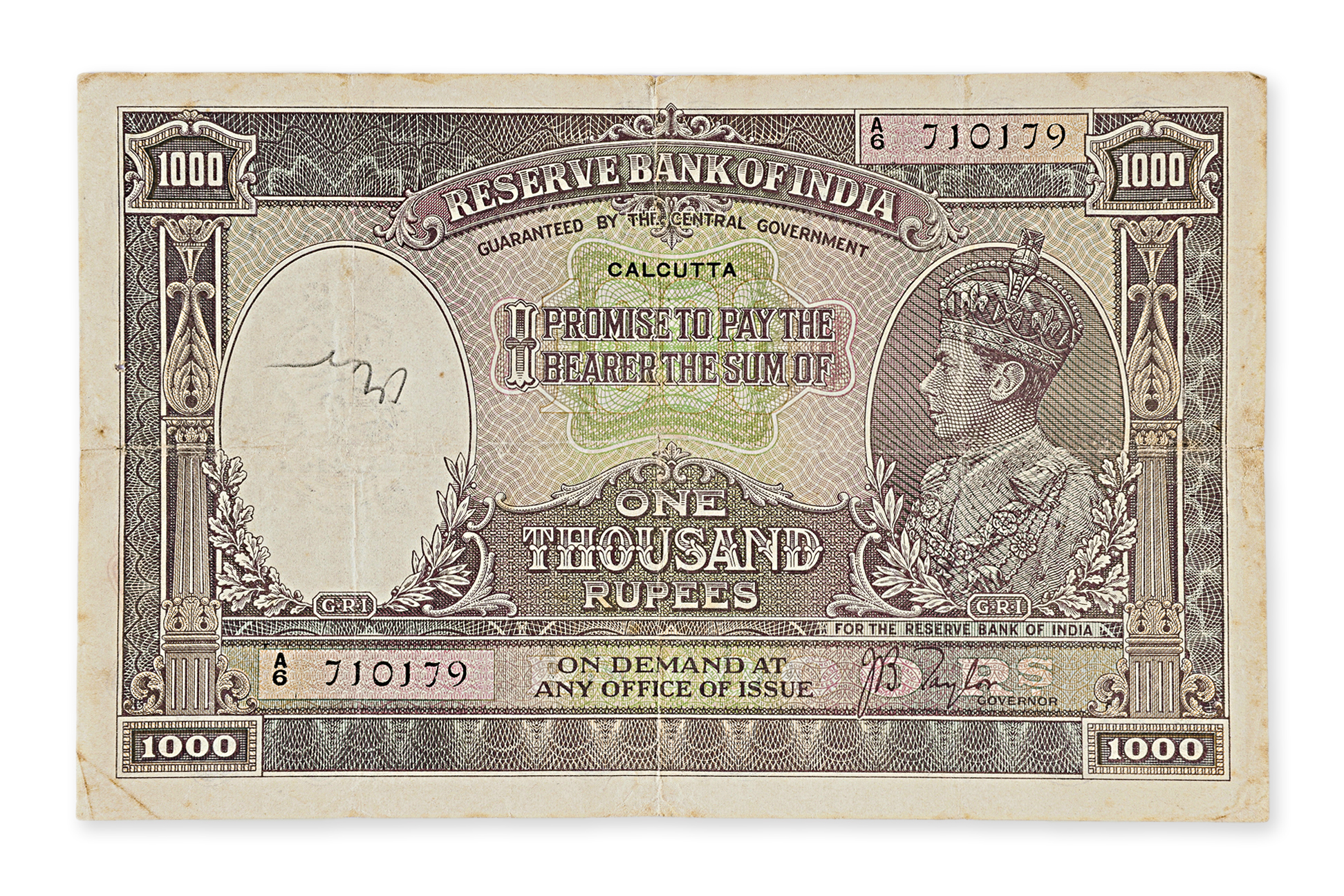 RESERVE BANK OF INDIA GEORGE VI 1000 RUPEES 1937