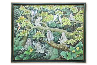 INDONESIAN, LATE 20TH C. - MONKEYS AND PARROTS IN A JUNGLE