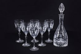 A BOHEMIA CRYSTAL WINE GLASSES AND DECANTER SET