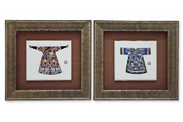 A PAIR OF MODERN EMBROIDERED SILK PICTURES OF CHINESE ROBES