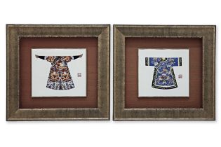 A PAIR OF MODERN EMBROIDERED SILK PICTURES OF CHINESE ROBES