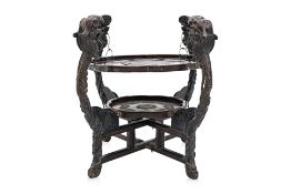 AN UNUSUAL CHINESE METAL MOUNTED HARDWOOD TWO TIER TABLE