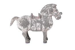 A PAINTED GREY POTTERY MODEL OF A SADDLED HORSE