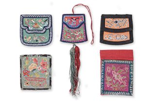 FIVE CHINESE SILK EMBROIDERED PURSES