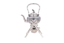 A CHINESE EXPORT SILVER KETTLE ON A STAND WITH BURNER