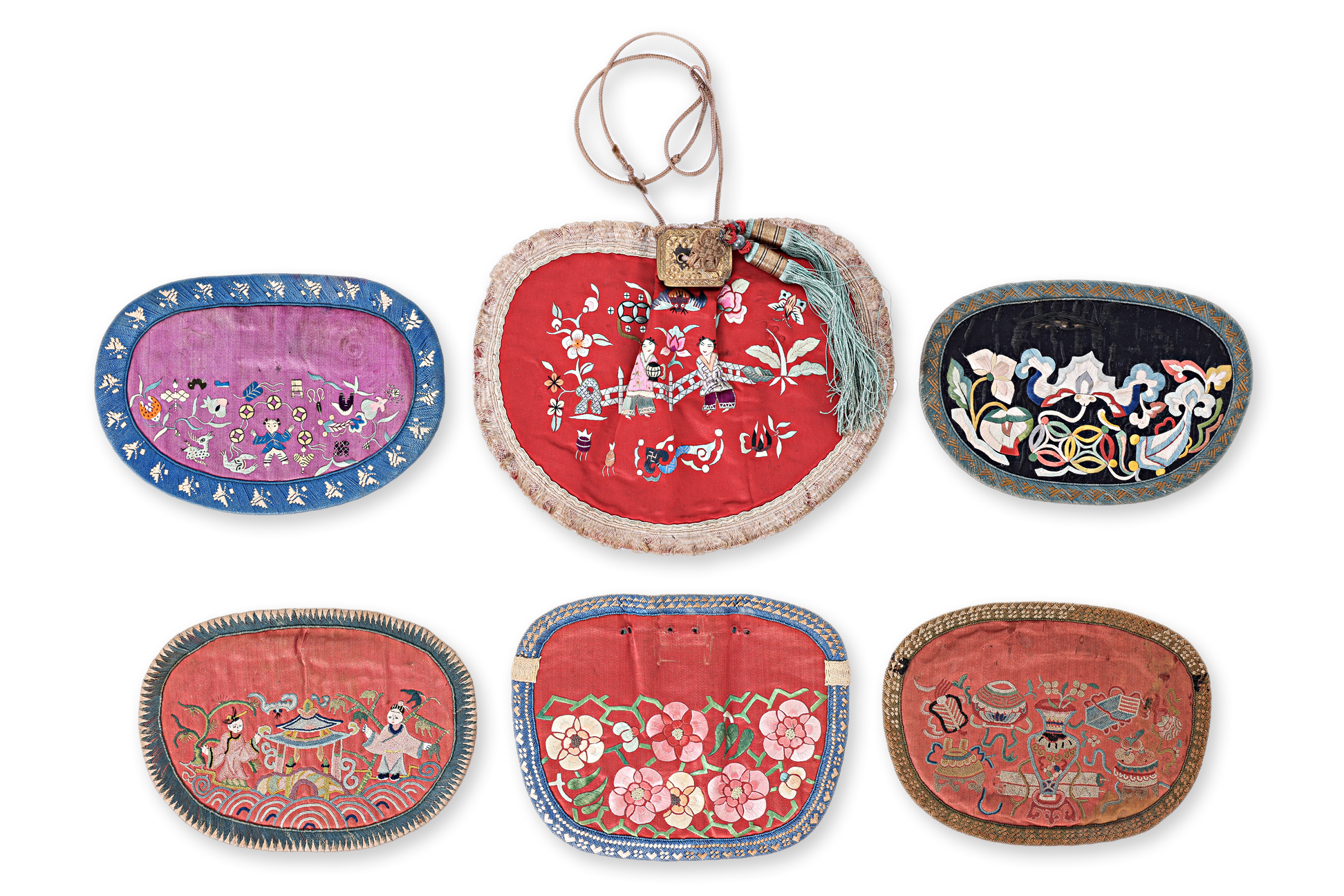 SIX CHINESE SILK EMBROIDERED ROUND WAIST PURSES