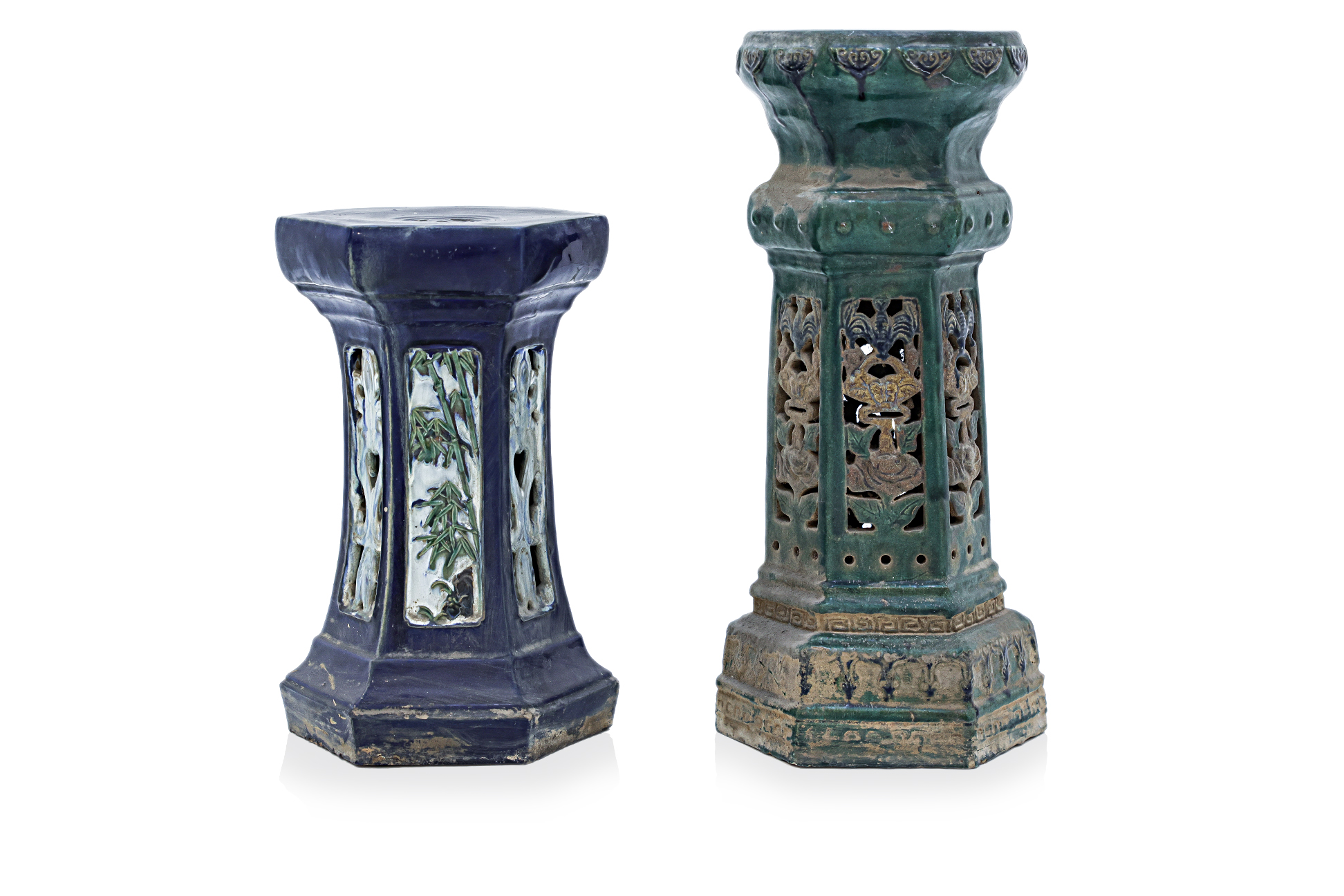 TWO GLAZED POTTERY JARDINIERE STANDS