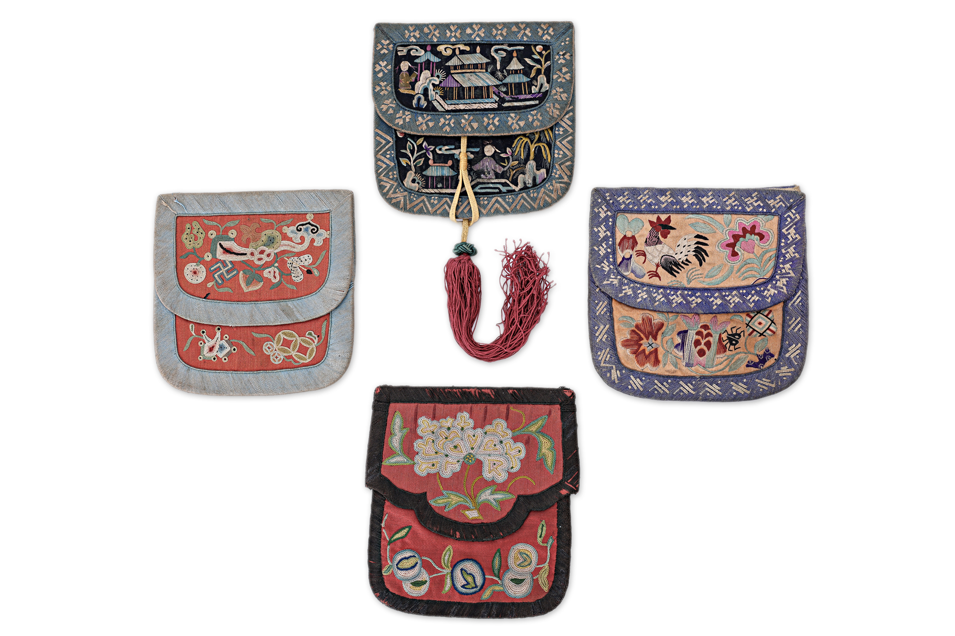 FOUR CHINESE SILK EMBROIDERED SQUARE PURSES