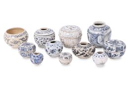ELEVEN VIETNAMESE BLUE AND WHITE JARLETS AND COVERED BOXES