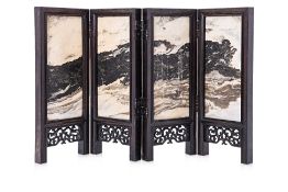 A CHINESE DALI MARBLE INSET BLACKWOOD FOUR FOLD TABLE SCREEN