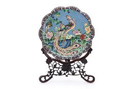 A LARGE CLOISONNE ENAMEL PHOENIX AND PEONY CHARGER