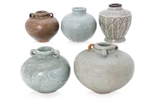 A GROUP OF FIVE CHINESE CELADON JARS