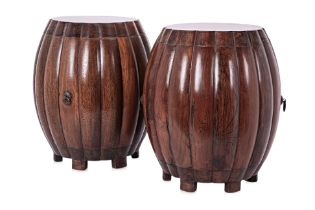 A PAIR OF CHINESE HARDWOOD MELON FORM STOOLS