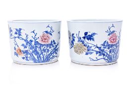 A PAIR OF FAMILLE ROSE AND UNDERGLAZE BLUE JARDINIERES