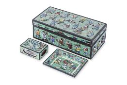 A CHINESE ENAMEL CIGARETTE BOX; ASHTRAY AND MATCHBOX HOLDER