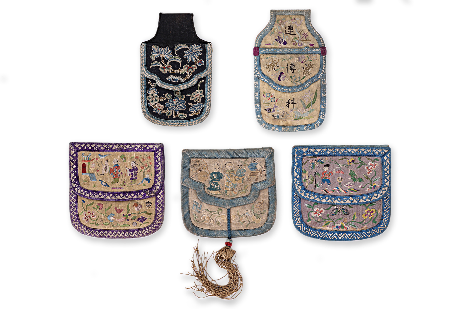 FIVE CHINESE SILK EMBROIDERED PURSES