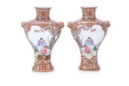 A PAIR OF FAMILLE ROSE EUROPEAN SUBJECT PORCELAIN VASES