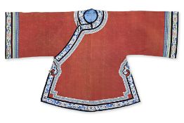 A CHINESE EMBROIDERED RED SILK SHORT JACKET